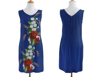 Blue Vintage 1960s Harvest Floral Embroidered Shift Dress