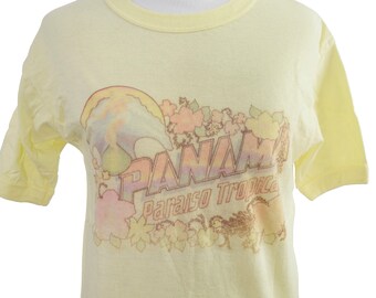 Vintage 1970s Cotton Poly Blend Pale Yellow and Pastel Psychedelic Panama Tee