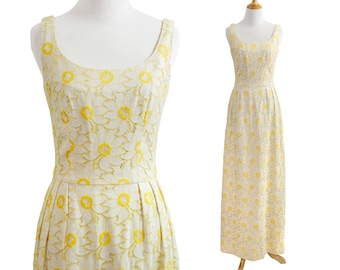 Lanz 1960s Vintage Daisy Floral White and Yellow Lace Maxi Dress