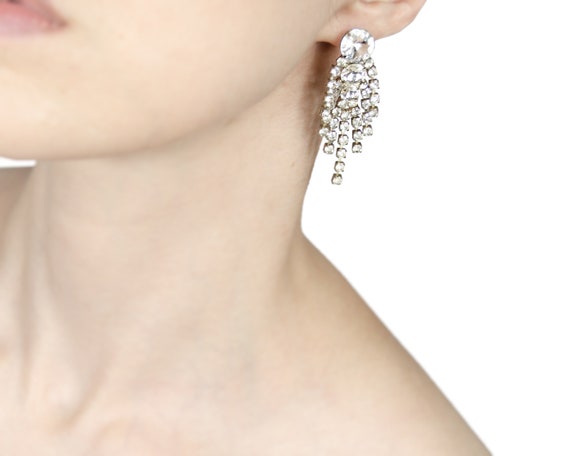 Rhinestone Fringe Drop Dangle Earrings with Rivol… - image 3