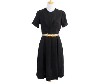 1950s Black Fit & Flare Pleated Day Dress in Rough Spun Wool