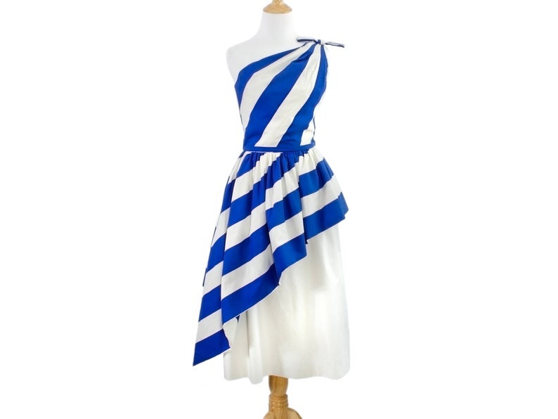 Nautical Striped Preppy Victor Costa Party Dress with Peplum and Crinoline in Cotton 