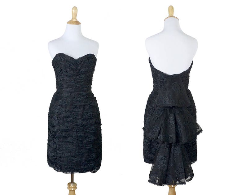 80s Strapless Black Lace Victor Costa Bustle Dress 