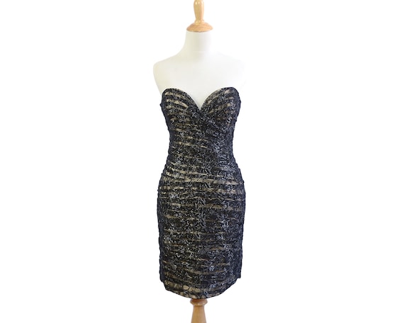 80s Strapless Metallic Nude Illusion Black Lace Vi