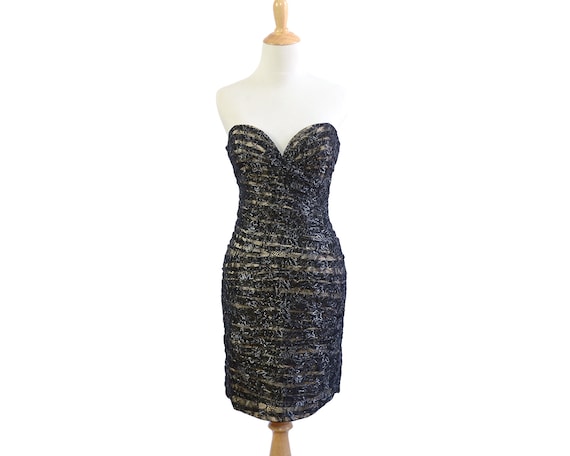 80s Strapless Metallic Nude Illusion Black Lace V… - image 1