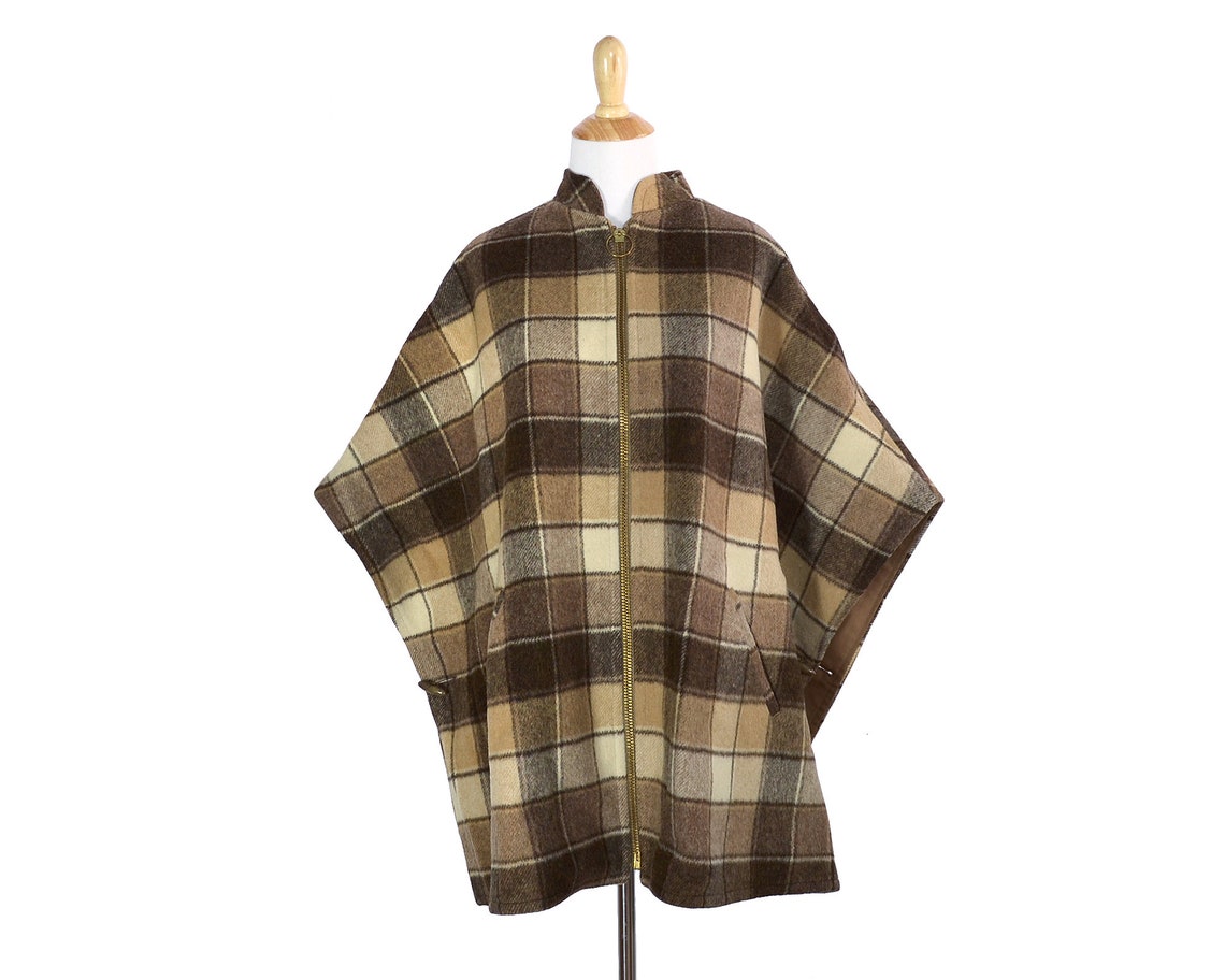 70s Brown Plaid Wool Zip up Blanket Poncho | Etsy