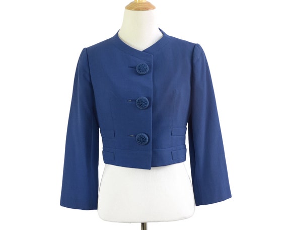 60s Blue Wool Cropped Jacket with Statement Button