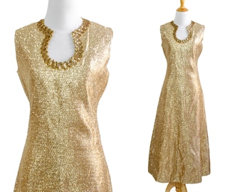 Mary Lukehart Bespoke Gold Lamé Fringe Column Gown with Bead and Sequin Embellished Neckline