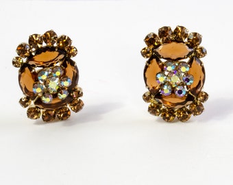 D&E DeLizza and Elster Juliana Topaz Open Back Rhinestone Clip On Earrings with AB Aurora Borealis Crystals