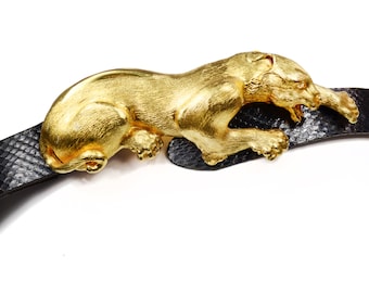 Christopher Ross 24K Gold Plated Crouching Panther Belt Buckle with Snakeskin Band