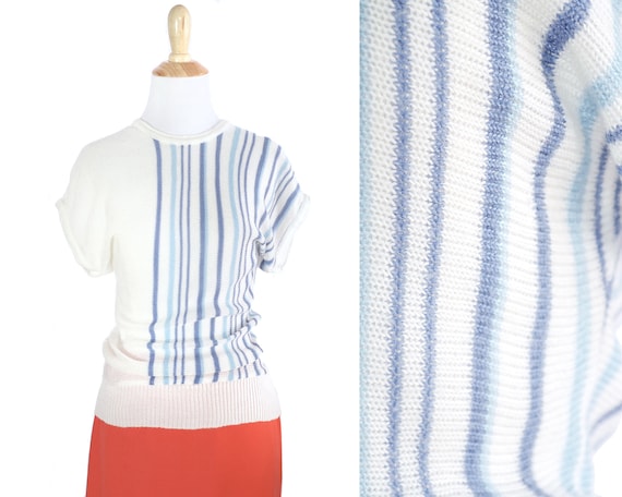 Vintage 1980s Pastel Blue Stripe Knit Top - image 1