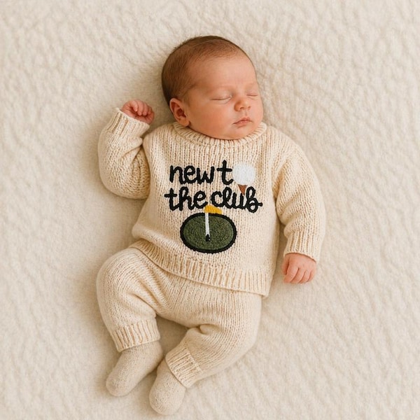 Maglione "Nuovo al Club", Completo da golf per neonato, da 0 a 3 anni, Regalo per baby shower, Maglione lavorato a maglia per bambino, Primo completo da golf