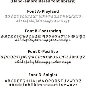 May include: A white background displays four different hand-embroidered fonts: Playland, Fontspring, Pacifico, and Sniglet. Each font is shown in both uppercase and lowercase letters, providing a clear example of each style.
