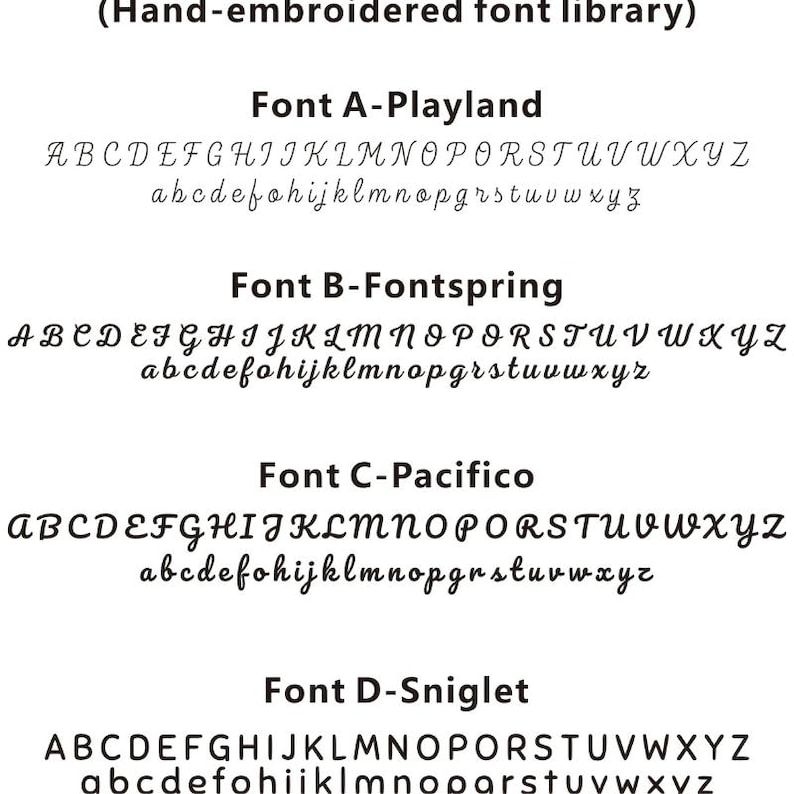 May include: A white background displays four different hand-embroidered fonts: Playland, Fontspring, Pacifico, and Sniglet. Each font is shown in both uppercase and lowercase letters, providing a clear example of each style.
