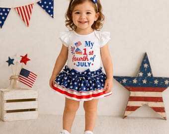Baby Girl 1st Fourth of July Outfit – Patriotic Romper Set, Stars and Stripes Skirt, Newborn to Toddler