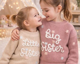 Suéter de hermana mayor y hermana menor: recuerdo de baby shower, regalo de bautizo, jersey de punto para anunciar el nacimiento de un hermano.