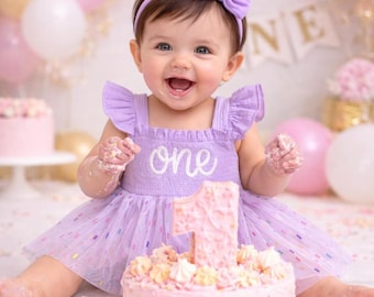 Baby Girl First Birthday Outfit, One Embroidered Tutu Romper, Cake Smash Dress, 1st Birthday Bodysuit, Baby Girl Gift