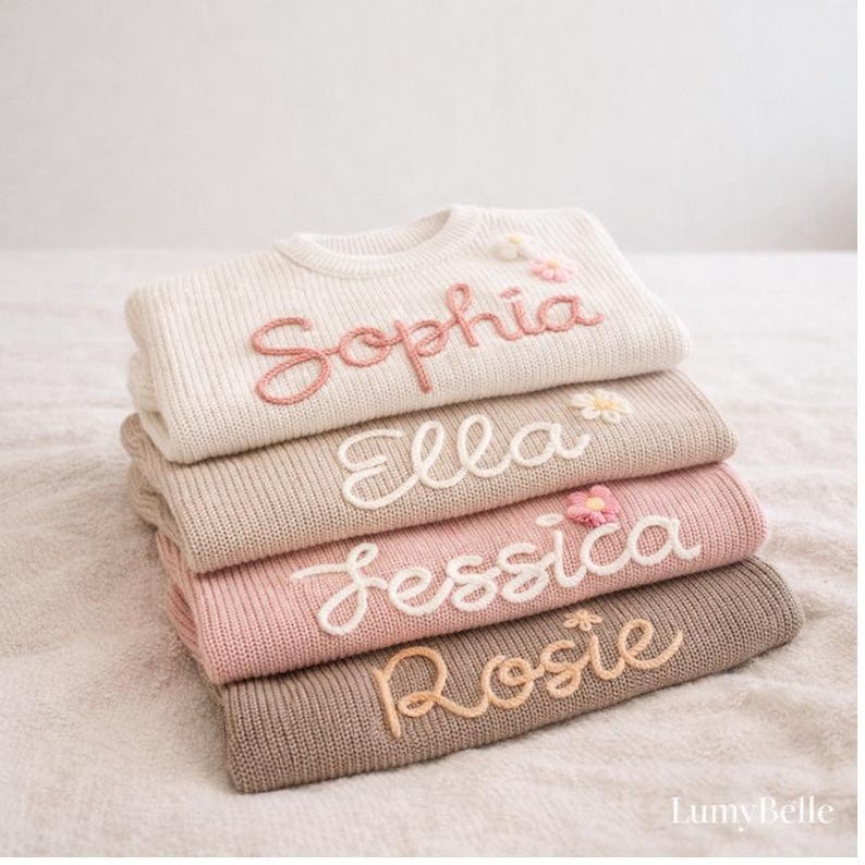 May include: A stack of four knitted sweaters in cream, tan, pink, and brown. Each sweater has a name embroidered in a complementary color: Sophia, Ella, Jessica, and Rosie. Small floral embellishments are also present.