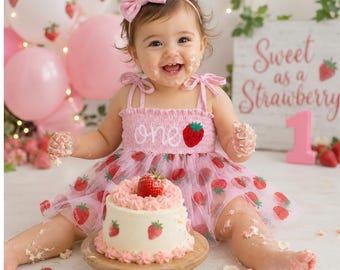 First Birthday Strawberry Tutu Romper - Embroidered One - 12 & 18 Months