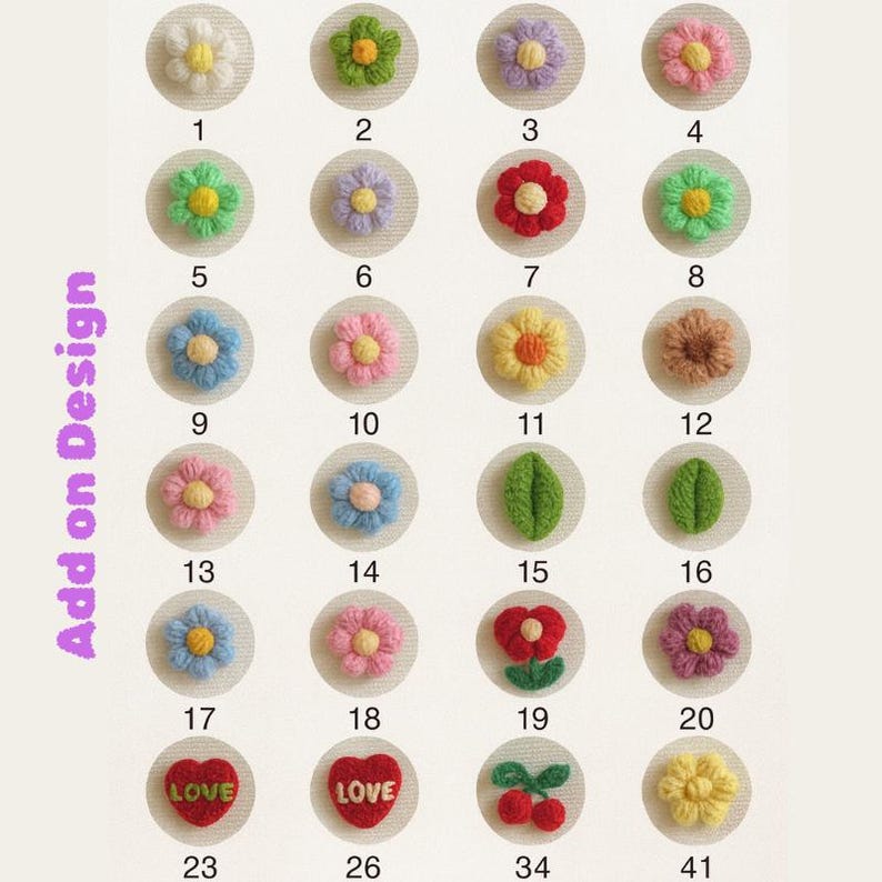 May include: A collection of embroidered floral and leaf designs in various colors, including white, green, pink, and yellow. The designs are numbered and arranged on a light background. The text "Add on Design" is visible.