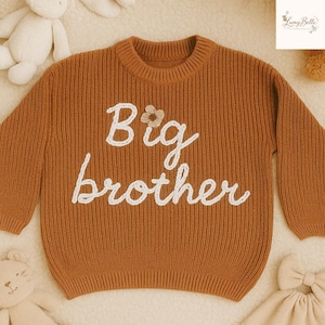May include: A rust-colored knit sweater with the words "Big brother" embroidered in white script. A small flower is embroidered above the letter "g". The sweater has a ribbed texture and a crew neck.