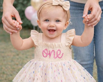 Vestido tutú para bebé niña para su primer cumpleaños, conjunto para sesión de fotos con pastel, pelele de tul rosa lavanda beige.