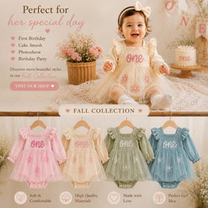 May include: A collection of four long-sleeved baby dresses with ruffled shoulders and tulle skirts, each featuring the word one embroidered on the bodice and floral accents. The dresses are available in pink, cream, sage green, and dusty blue colors.
