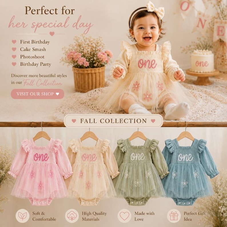 May include: A collection of four long-sleeved baby dresses with ruffled shoulders and tulle skirts, each featuring the word one embroidered on the bodice and floral accents. The dresses are available in pink, cream, sage green, and dusty blue colors.