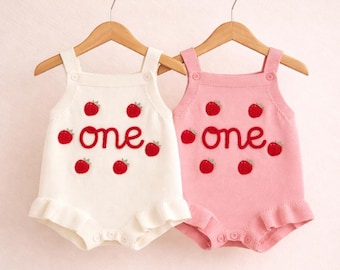 Strawberry Baby Romper Set Pink Ivory, First Birthday Outfit, Embroidered Keepsake Gift