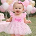 Baby Girl First Birthday Outfit , One Romper Dress, Cake Smash Outfit , 1st Bday Tutu Romper ,Pink Lavender Beige product logo