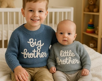 Maglione personalizzato per fratello maggiore e fratello minore, vestito lavorato a maglia personalizzato per fratelli, annuncio di nascita, regalo abbinato per fratelli