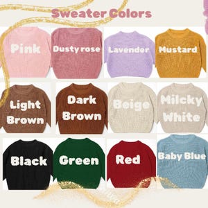 May include: A grid of twelve sweaters in various colors, including pink, dusty rose, lavender, mustard, light brown, dark brown, beige, milky white, black, green, red, and baby blue. Each sweater has the color name in white text.