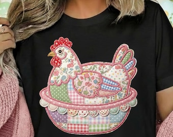 Hen On a Nest Spring Pink Faux Embroidery png Design | Grandma Core Digital Download | Sublimation and DTF Design | Chicken Cottagecore