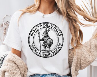 Born to Dilly Dally Forced to Fight Fascists Vintage Rabbit Knight Emblem PNG Design for Shirts Stickers Posters Wall Art Digital Download