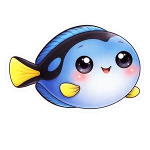 Puede incluir: Ilustraci&oacute;n de dibujos animados de un pez azul con detalles en negro y amarillo. El pez tiene ojos grandes, mejillas rosadas y una boca sonriente. El dise&ntilde;o es simple y lindo, ideal para pegatinas o productos infantiles.