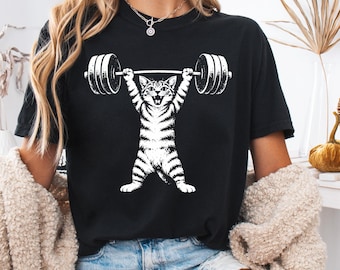 Funny Gym Cat Lifting Weights PNG, Strong Cat Workout Design, Fitness Humor Illustration for T Shirts, Stickers, Posters, Digital Download