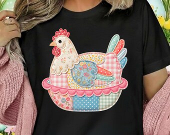 Patchwork Chicken PNG, Vintage Farmhouse Hen Quilt Style Clipart, Cottagecore Chicken Graphic, Floral Fabric Hen PNG, Country Farm Animal