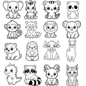 Op de afbeelding: Zwart-wit illustraties van verschillende cartoon dieren, waaronder een olifant, zebra, tijger, panda, aap, wasbeer, leeuw, koala, das, luiaard, buffel, lama, dinosaurus, geit en lynx. Elk dier is in een schattige stijl getekend.