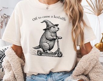Off To Cause A Kerfuffle Shirt PNG Wizard Groundhog Scooter Funny Animal Adult Humor Sarcastic Mental Health Quote Dark Fantasy Art