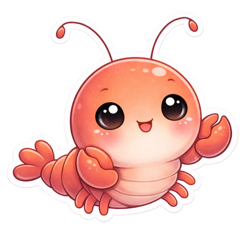 Puede incluir: Una pegatina de dibujos animados de una langosta con una cara sonriente, ojos grandes y negros y pinzas y cuerpo de color rojo anaranjado. La langosta tiene una expresi&oacute;n amigable y est&aacute; sobre un fondo blanco. La pegatina es probablemente para decorar objetos.