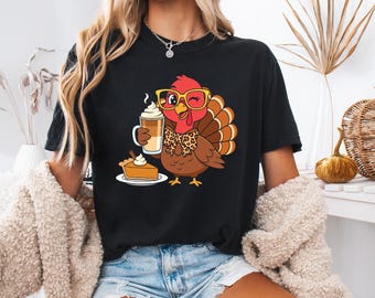 Turkey Drinking Coffee PNG, Thanksgiving Shirt Design (Digital Download)