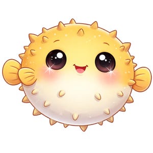 Puede incluir: Ilustraci&oacute;n de dibujos animados de un pez globo sonriente. El pez globo es amarillo con vientre blanco, ojos negros grandes y mejillas rosadas. Tiene aletas peque&ntilde;as y protuberancias puntiagudas.