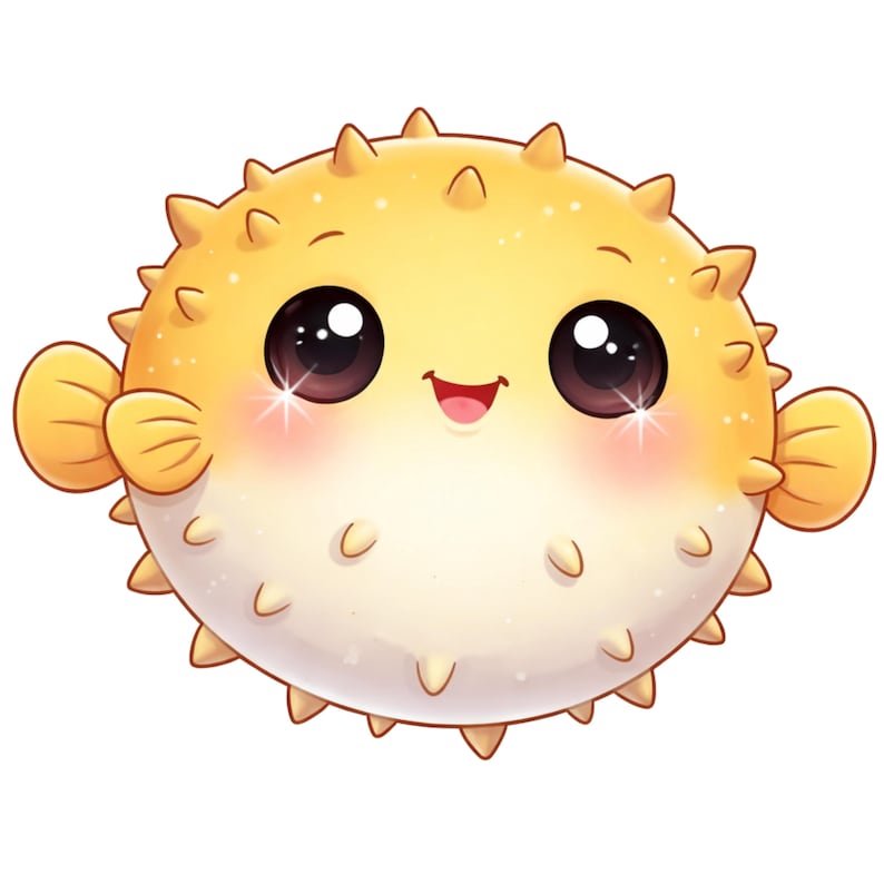 Puede incluir: Ilustraci&oacute;n de dibujos animados de un pez globo sonriente. El pez globo es amarillo con vientre blanco, ojos negros grandes y mejillas rosadas. Tiene aletas peque&ntilde;as y protuberancias puntiagudas.