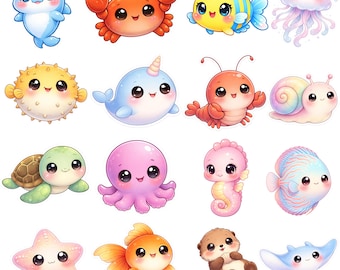 Clipart of 20 sea animals: shark, jellyfish, children's art, marine animal clipart, cute watercolor animals, ocean animals, digital download