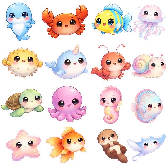 Clipart of 20 sea animals: shark, jellyfish, children's art, marine animal clipart, cute watercolor animals, ocean animals, digital download