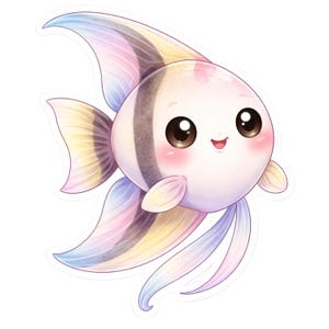 Puede incluir: Un simp&aacute;tico pez de dibujos animados con un cuerpo blanco y redondo, ojos marrones grandes y una expresi&oacute;n sonriente. El pez tiene aletas pastel en tonos rosa, amarillo y azul, y una franja negra y blanca en su cuerpo.
