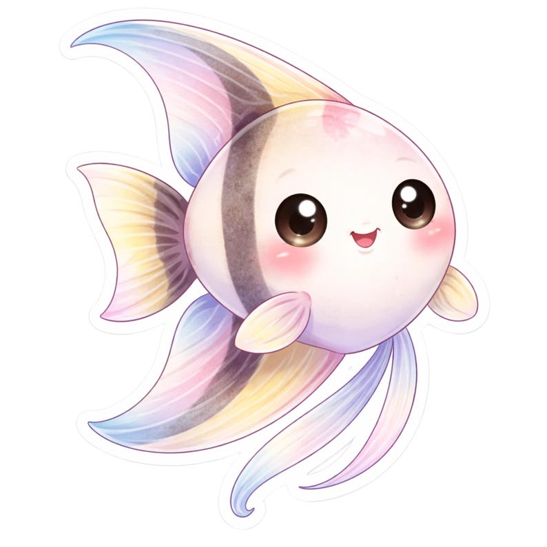 Puede incluir: Un simp&aacute;tico pez de dibujos animados con un cuerpo blanco y redondo, ojos marrones grandes y una expresi&oacute;n sonriente. El pez tiene aletas pastel en tonos rosa, amarillo y azul, y una franja negra y blanca en su cuerpo.