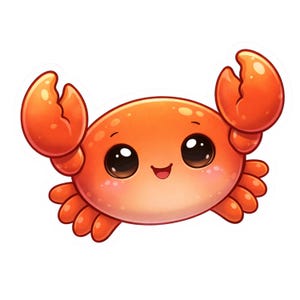 Puede incluir: Ilustraci&oacute;n de dibujos animados de un cangrejo sonriente. El cangrejo es naranja con ojos grandes y oscuros y una boca peque&ntilde;a y sonriente. Sus pinzas y patas tambi&eacute;n son naranjas. El cangrejo tiene una apariencia linda y amigable.