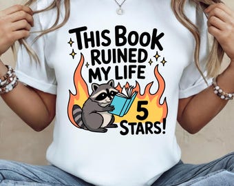 This Book Ruined My Life 5 Stars Png | Trendy Sticker PNG | Smutty Book Lover PNG | Spicy Bookish Quote Png | Cute Raccon Reader Png
