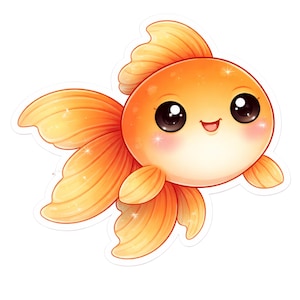 Puede incluir: Un simp&aacute;tico pez dorado de dibujos animados con un cuerpo redondo y ojos grandes y expresivos. El pez es principalmente naranja con aletas de color naranja claro y una boca sonriente. La imagen tiene un estilo suave e ilustrado con reflejos y rubor.